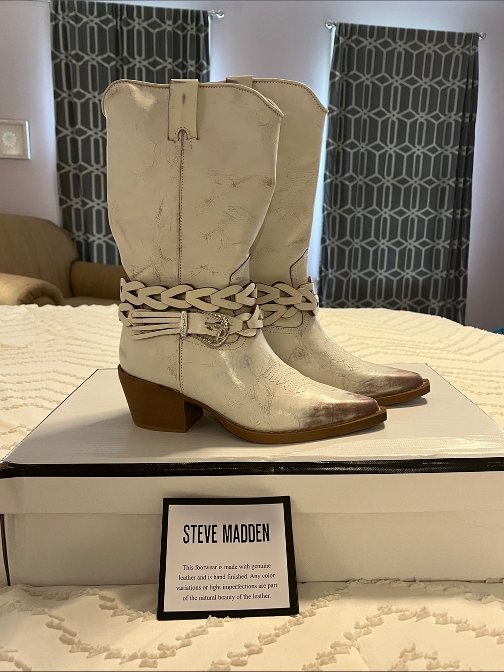 Steve Madden Cream Braided Western Boots with Distressed Toe